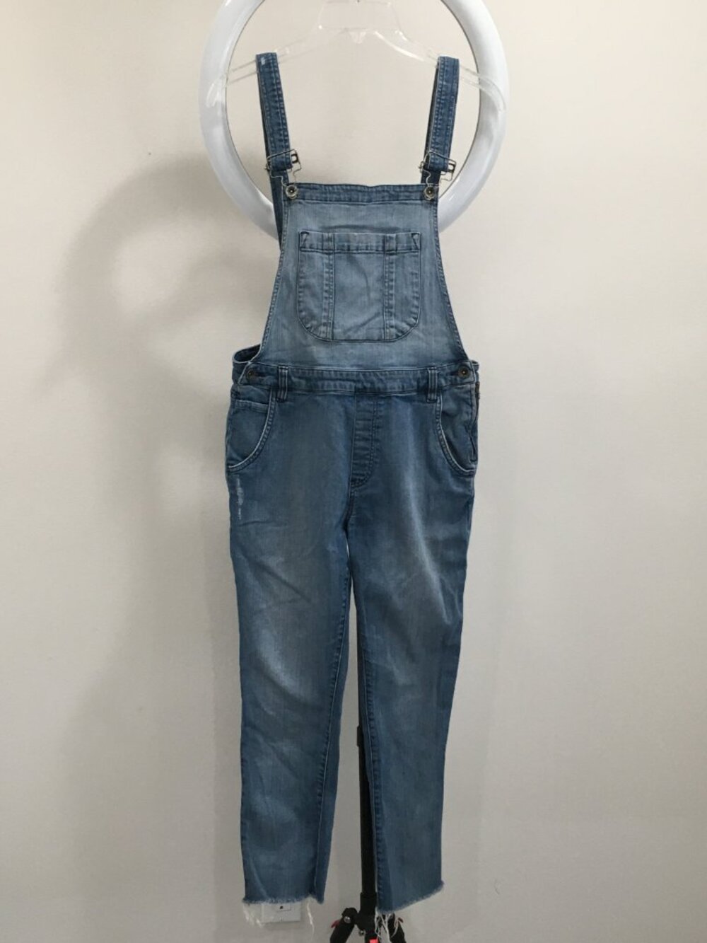 VANS Light/Medium Wash Logo Hardware Distressed Fray Edge Hem Denim Overalls